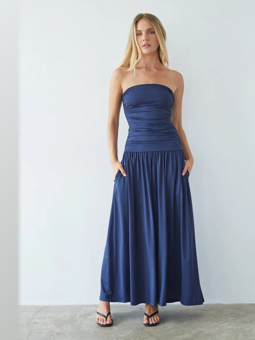 Navy formal dress with a-line detailing