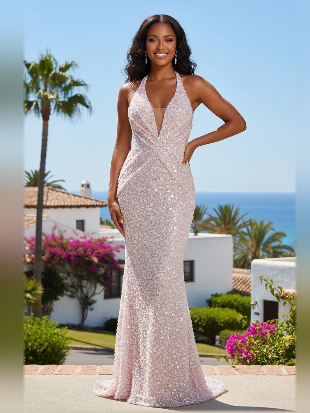 Blush sequin halter neck formal dress with ruched plunge neckline, floor-length