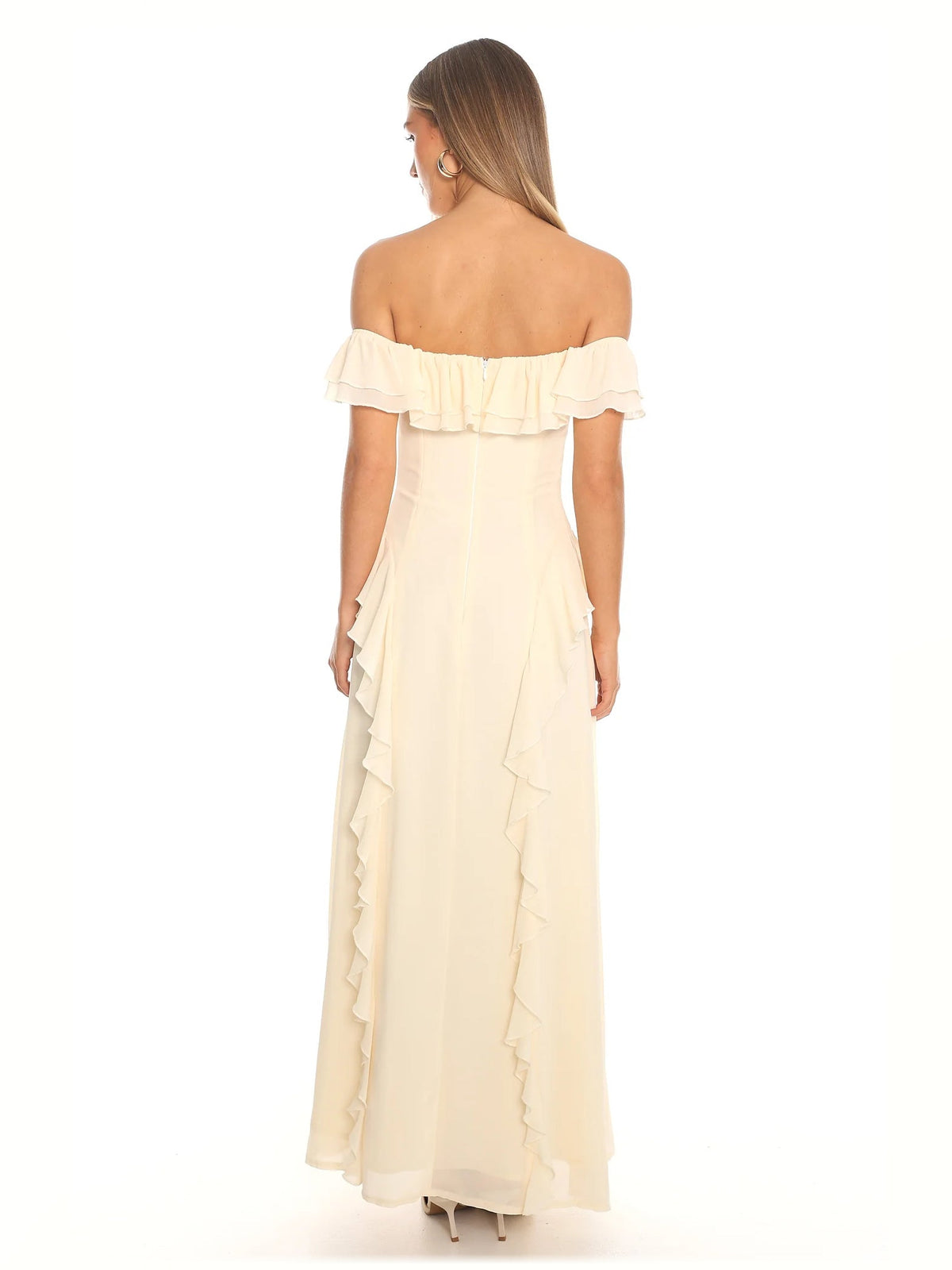 Butter formal dress with ruffled detailing