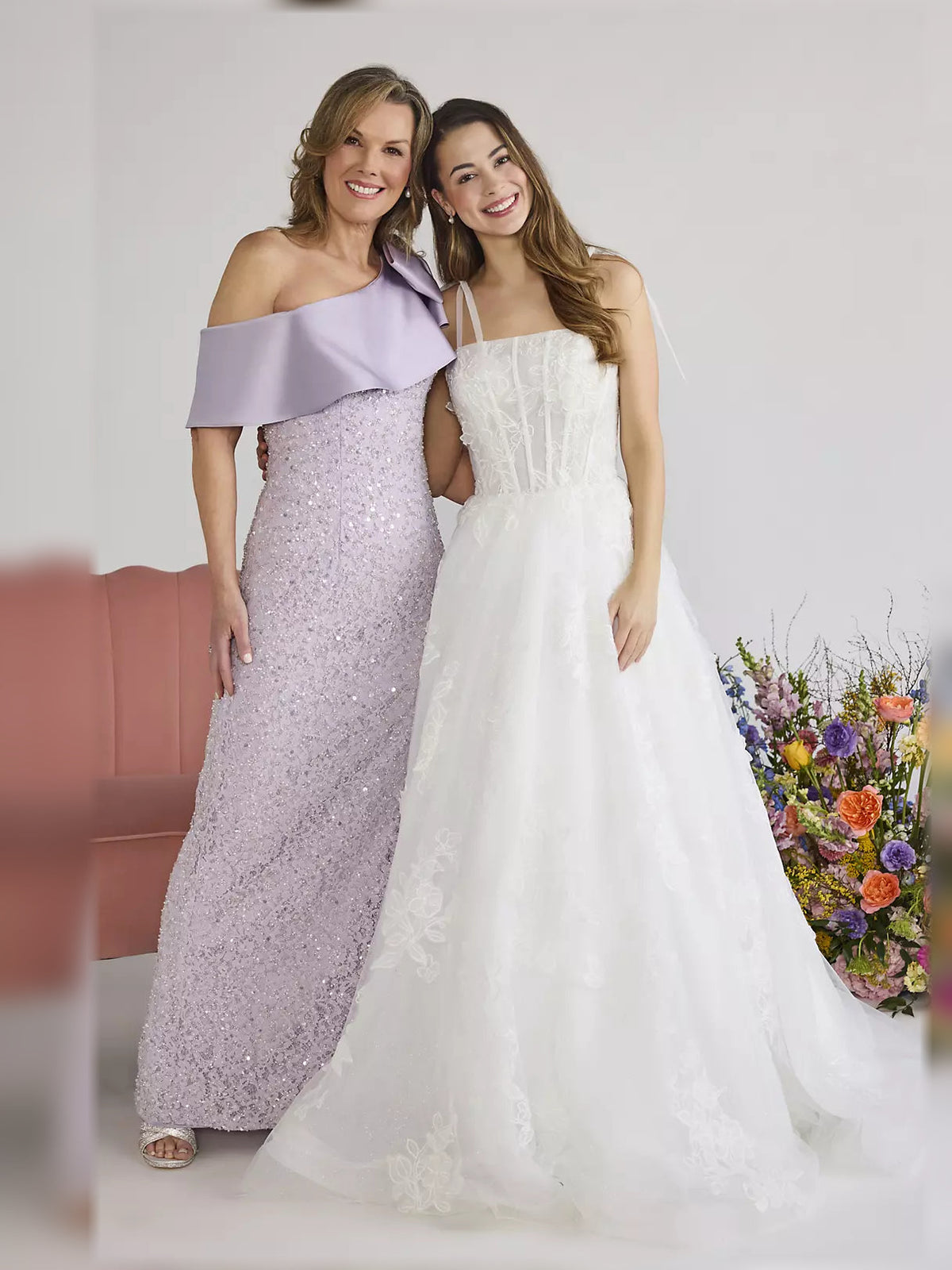 Lilac one-shoulder sheath dress with ruffled overlay and beaded shimmer, long
