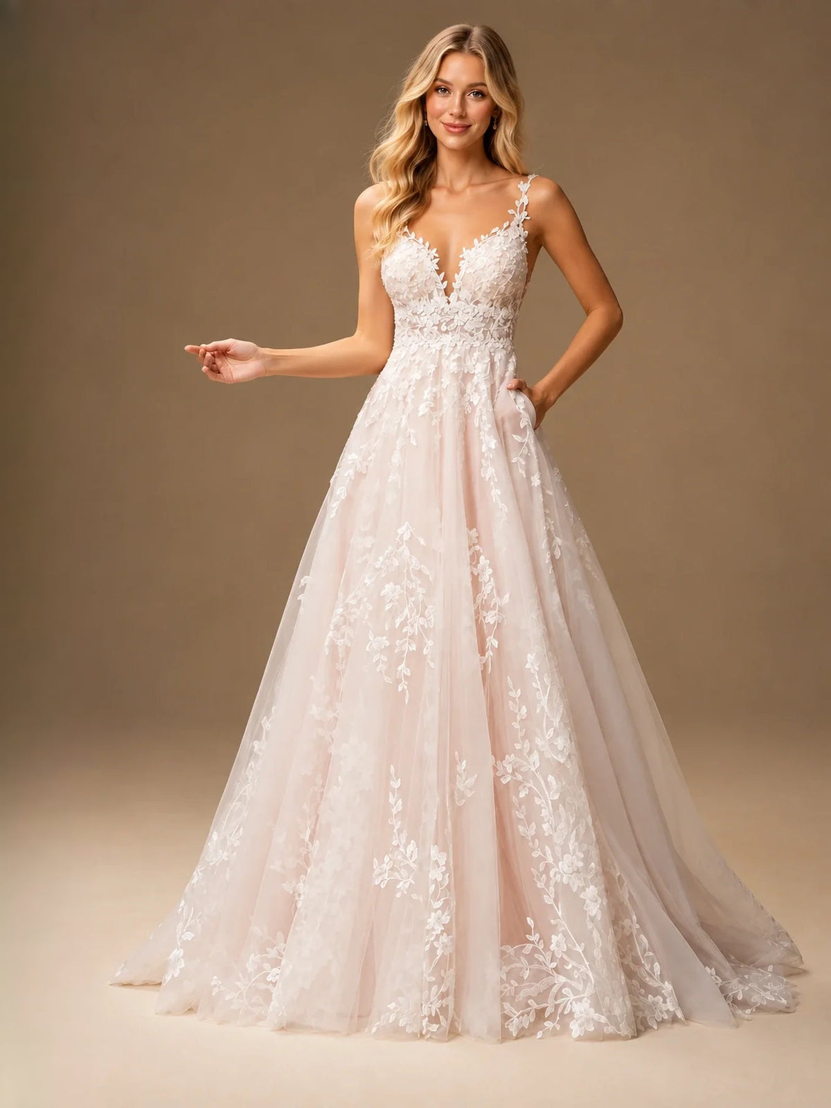 Ivory tulle A-line wedding dress with floral lace V-neck corset bodice and full skirt