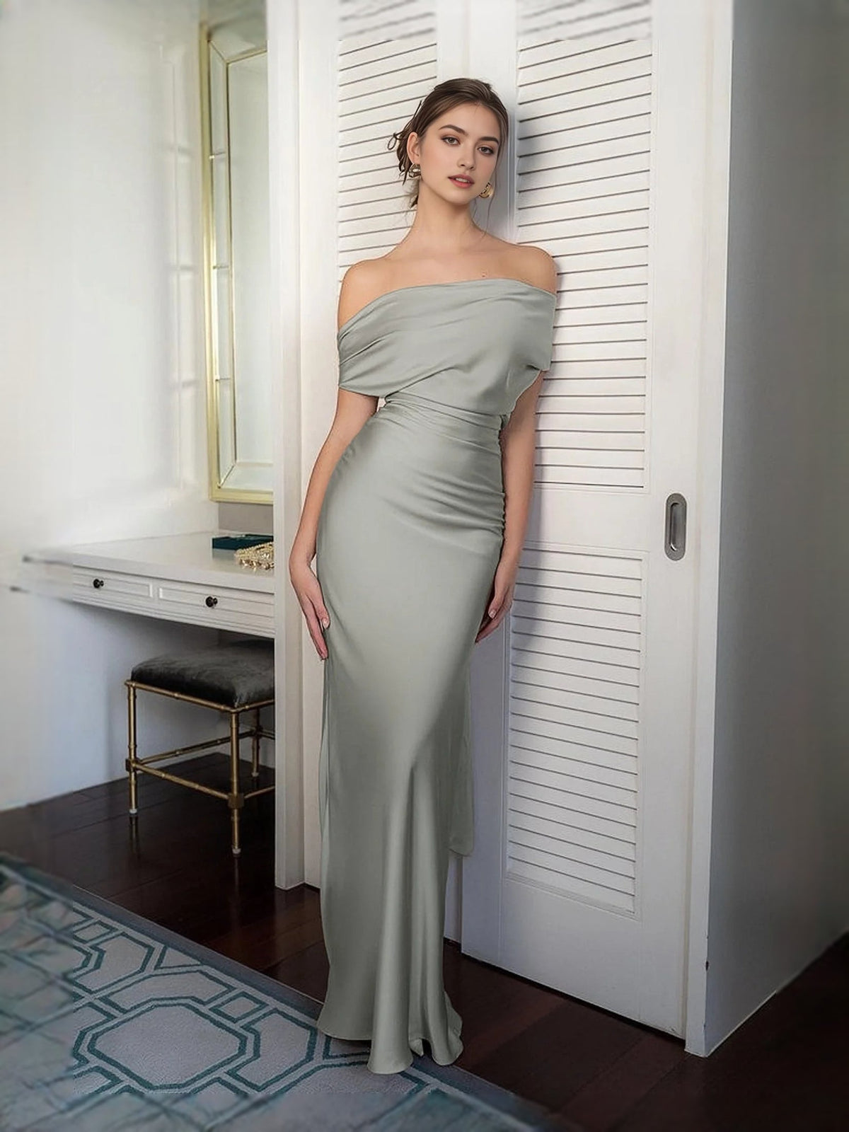 Sage satin prom dress, off-shoulder neckline, fitted mermaid maxi skirt