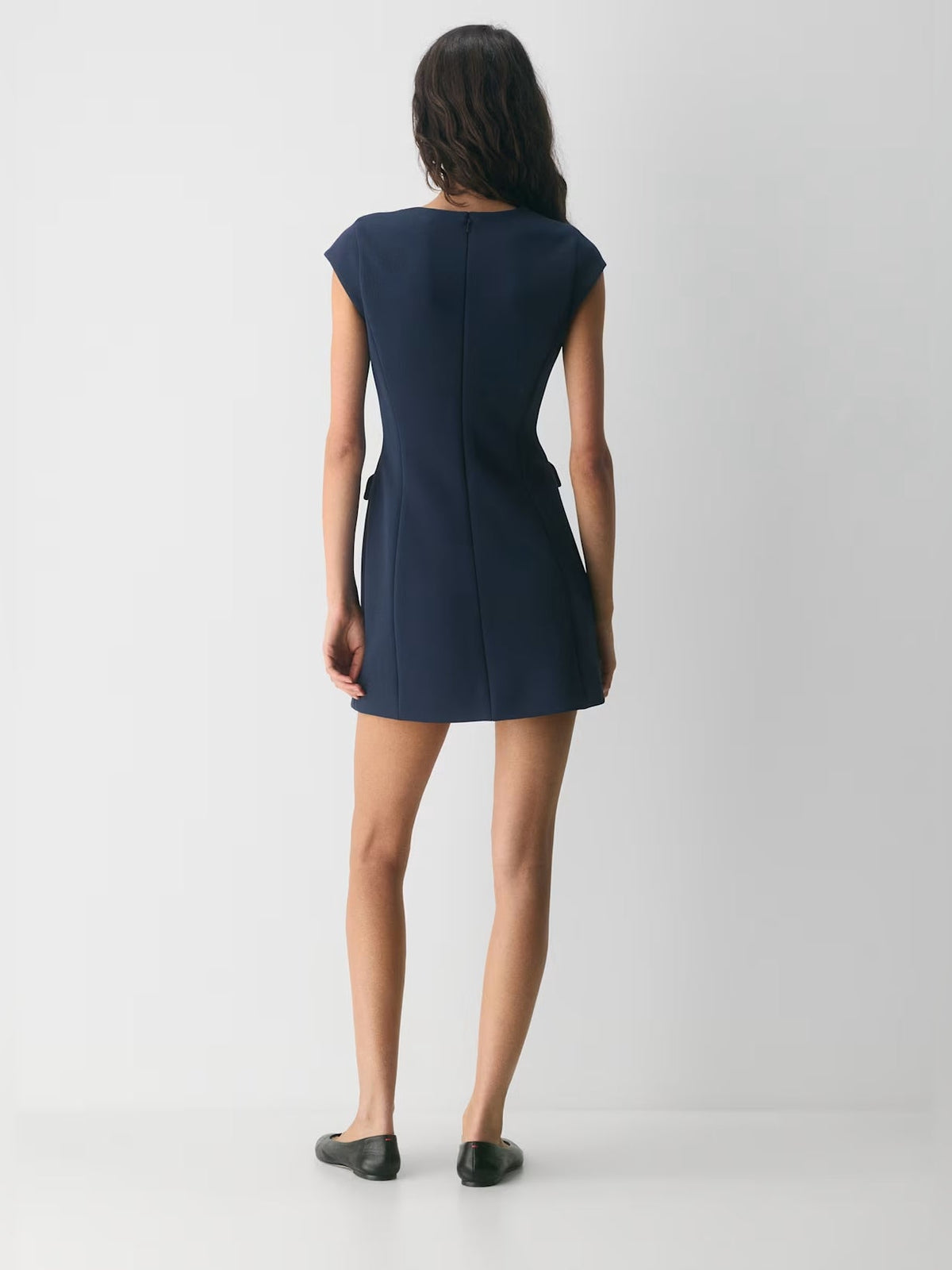 Dark blue cap-sleeve mini shift dress, back view