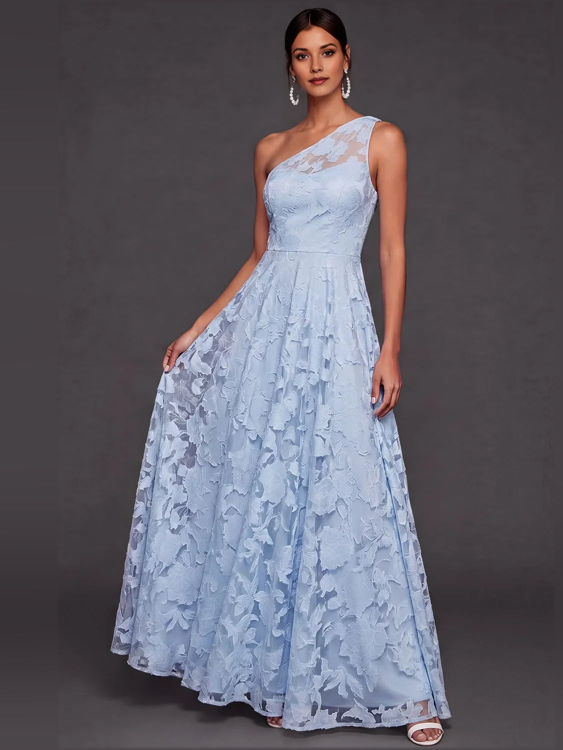 Light blue one-shoulder A-line maxi gown with floral jacquard texture and gathered waist