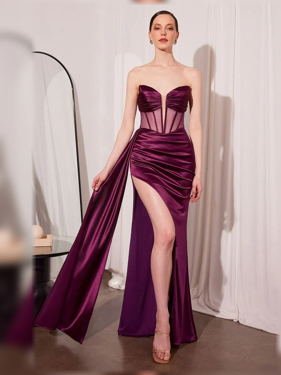 Grape purple strapless corset formal dress with front slit and flowing floor length
