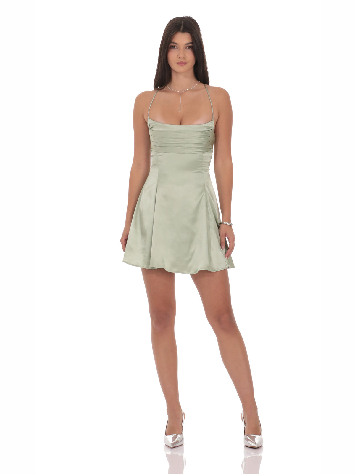 Sage homecoming dress with draped detailing