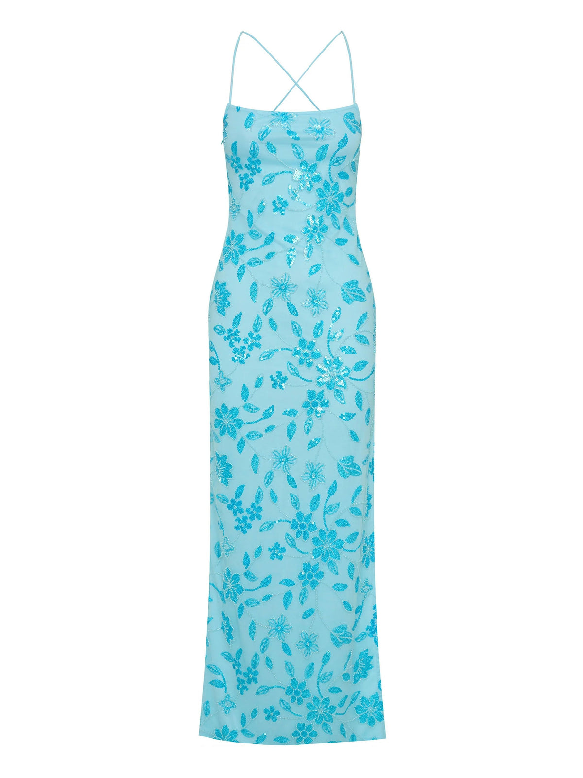 Blue sheath maxi formal dress with beading, alternate full-length view