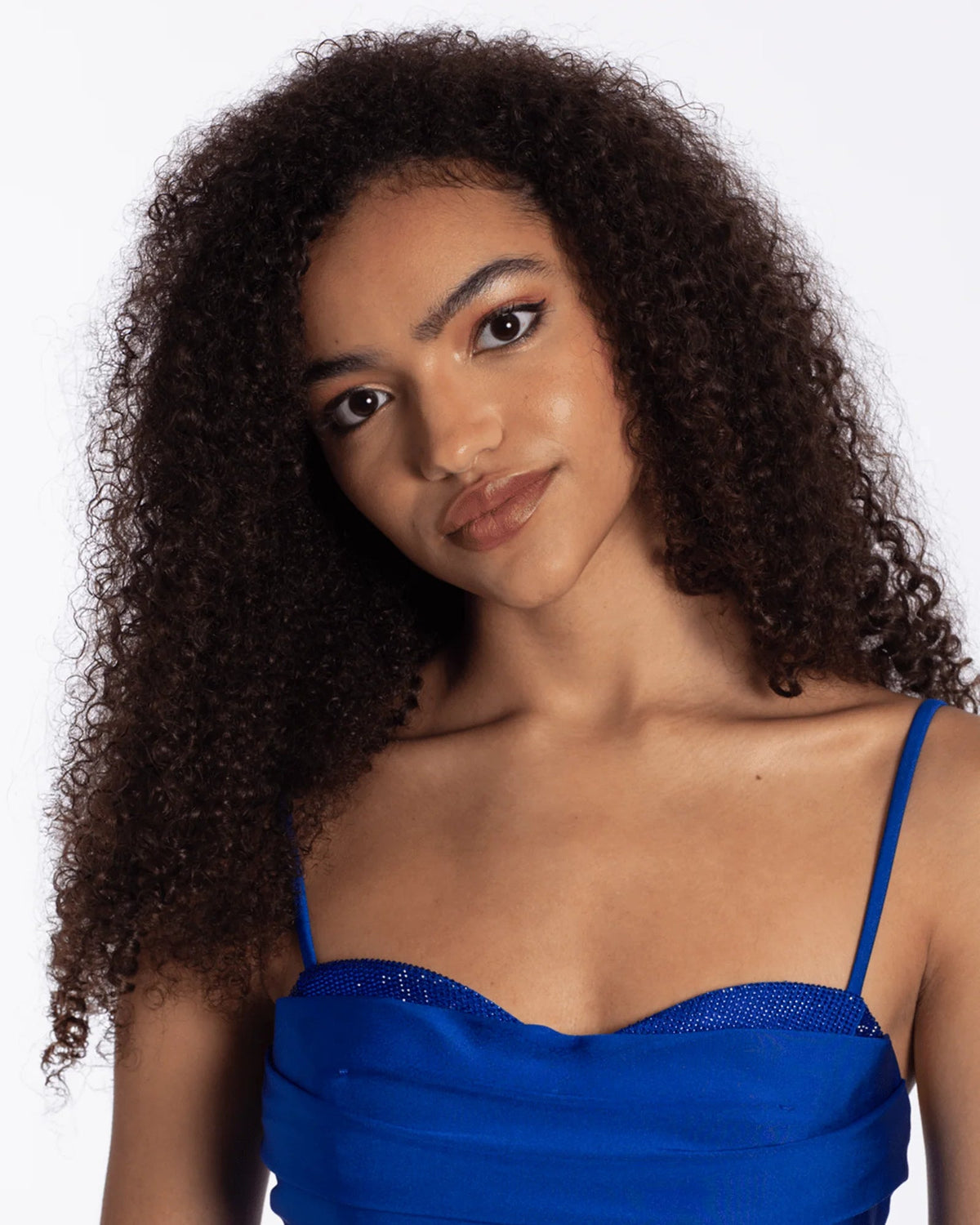 Royal blue sweetheart neckline with beaded mesh trim and thin spaghetti straps