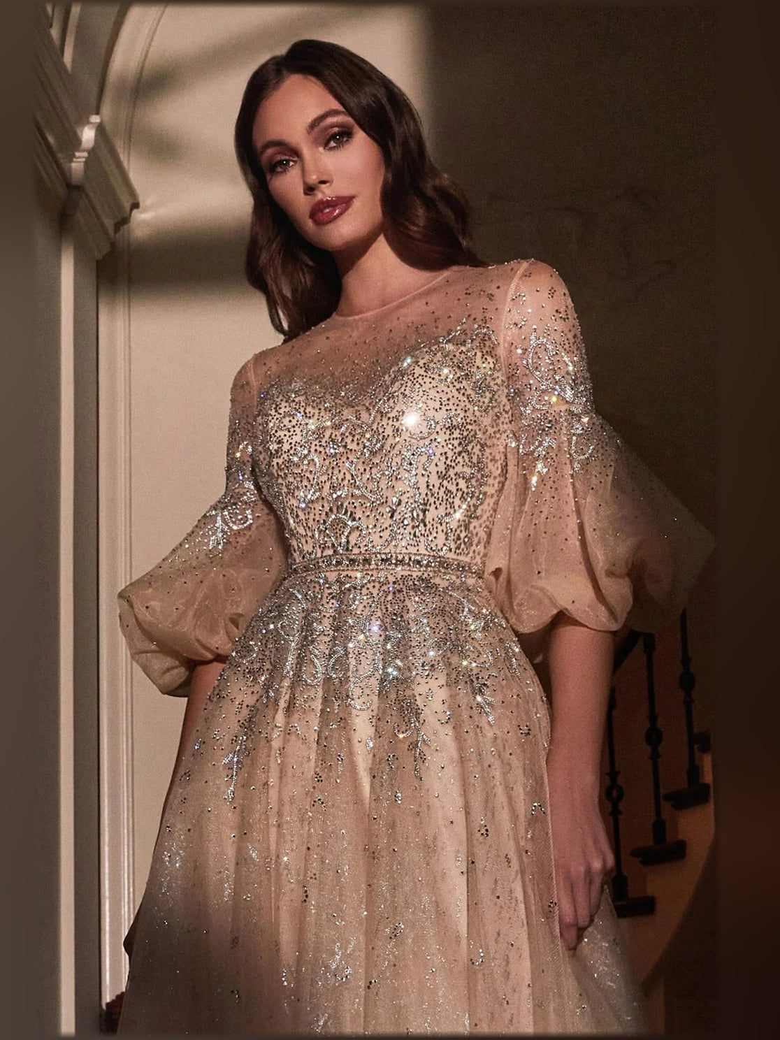 Champagne beaded A-line formal dress with puff sleeves and embellished waistline