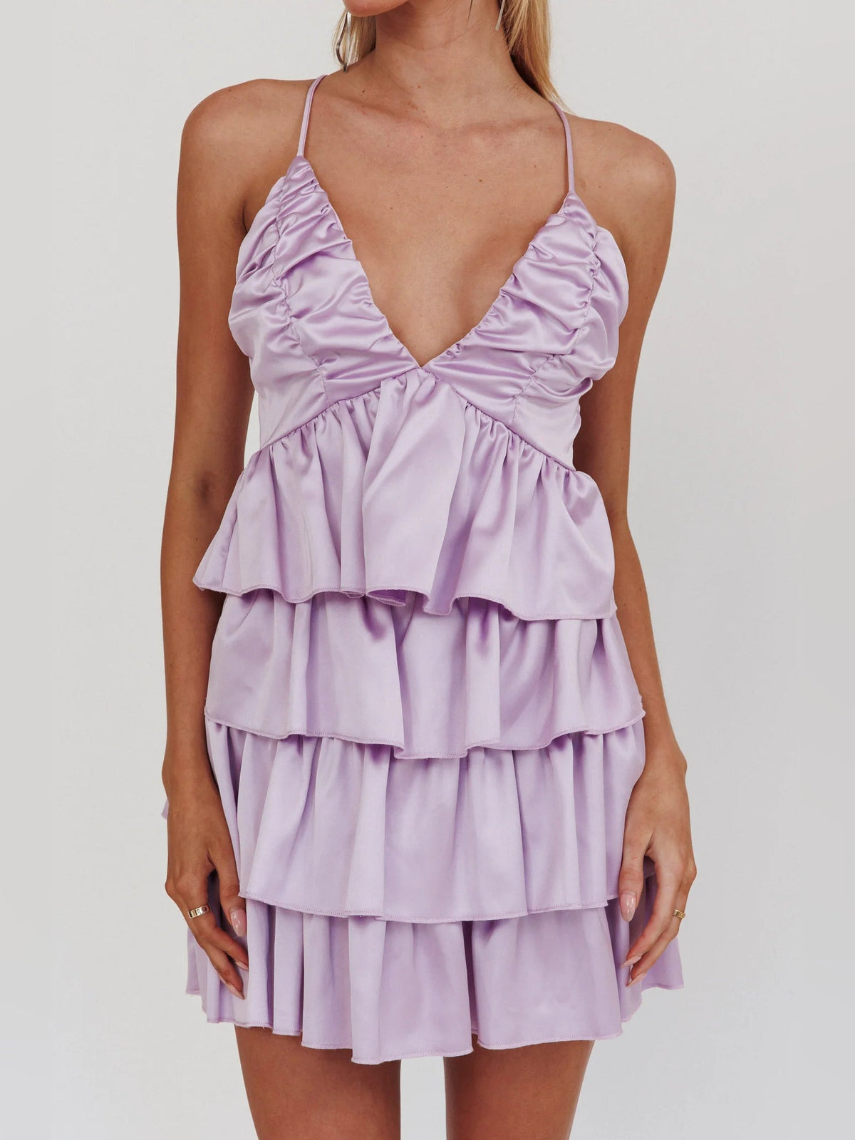 Lilac ruffled mini dress with sweetheart V-neck and tiered skirt layers