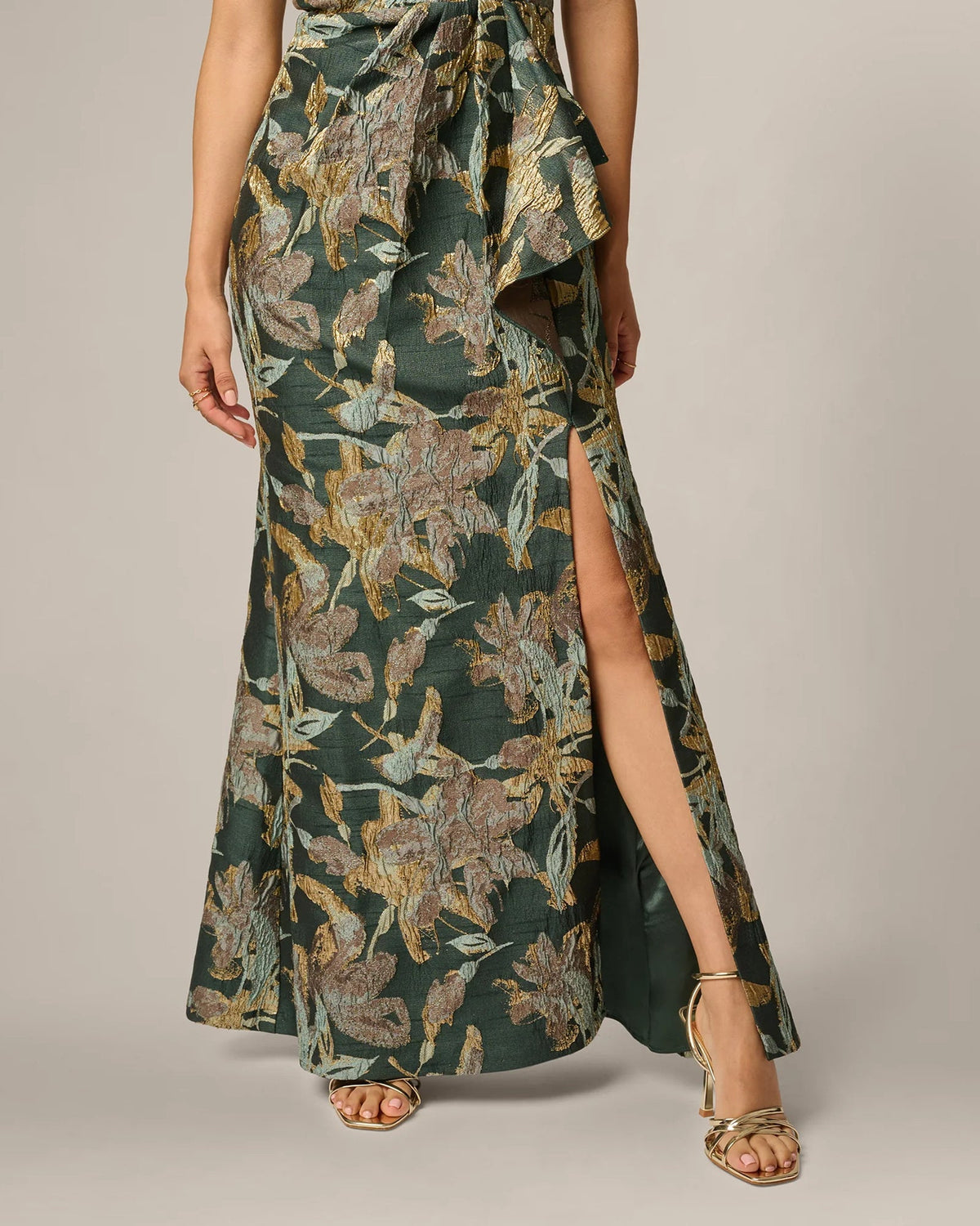 One-shoulder A-line maxi dress with gold botanical print and front slit