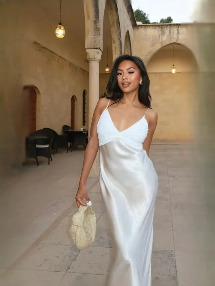 Ivory satin mermaid prom dress with V-neck ruched bust and thin straps