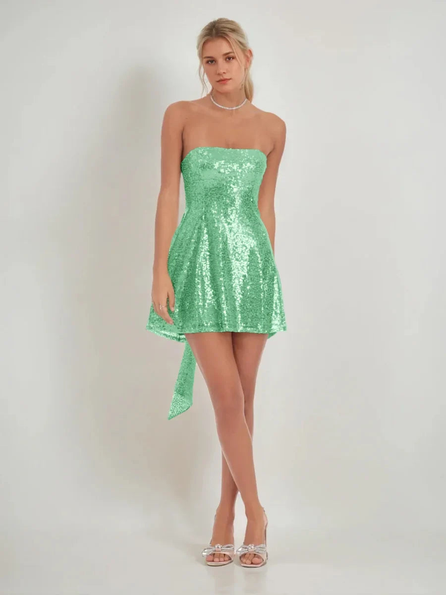 Green sequin strapless mini A-line dress with bow sash at side