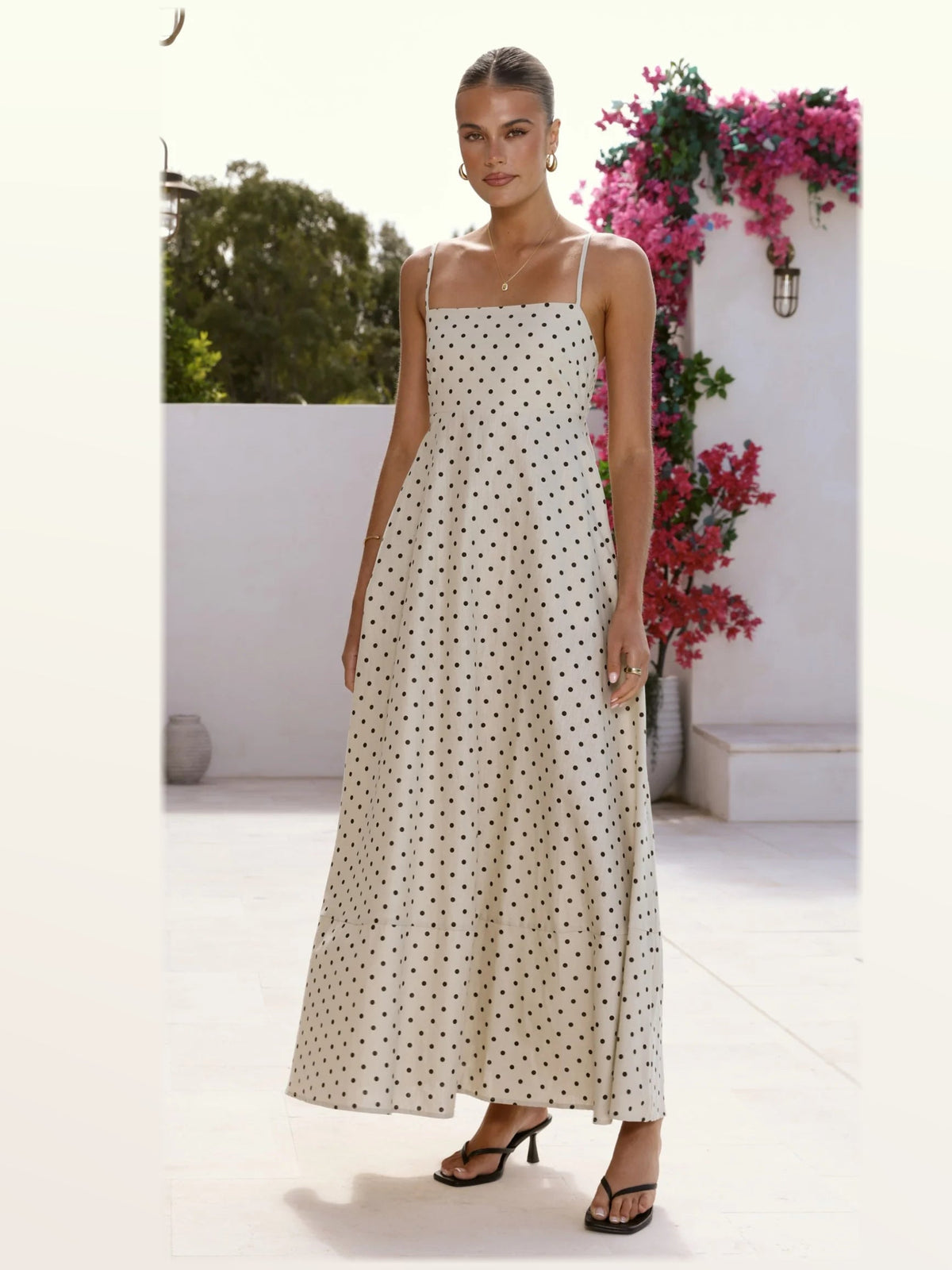 Beige Black Polka Dot maxi formal dress, alternate full-length view showing the skirt