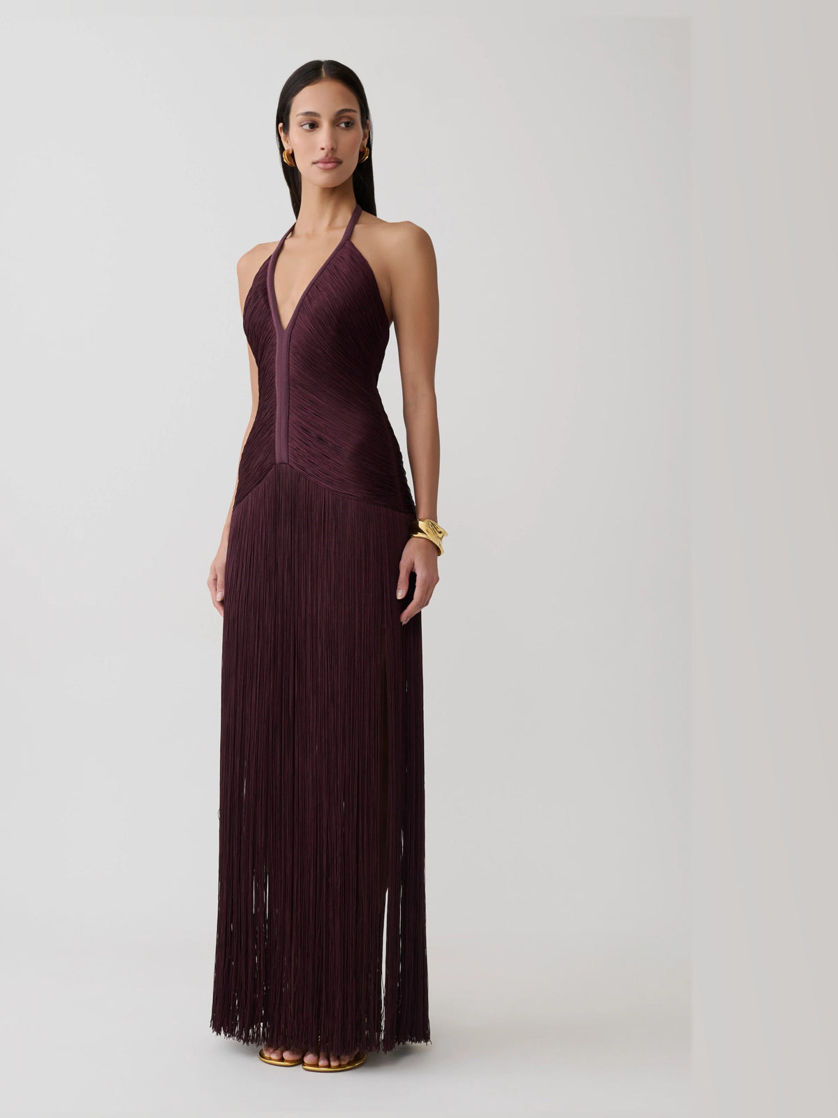 Plum formal dress with a-line detailing