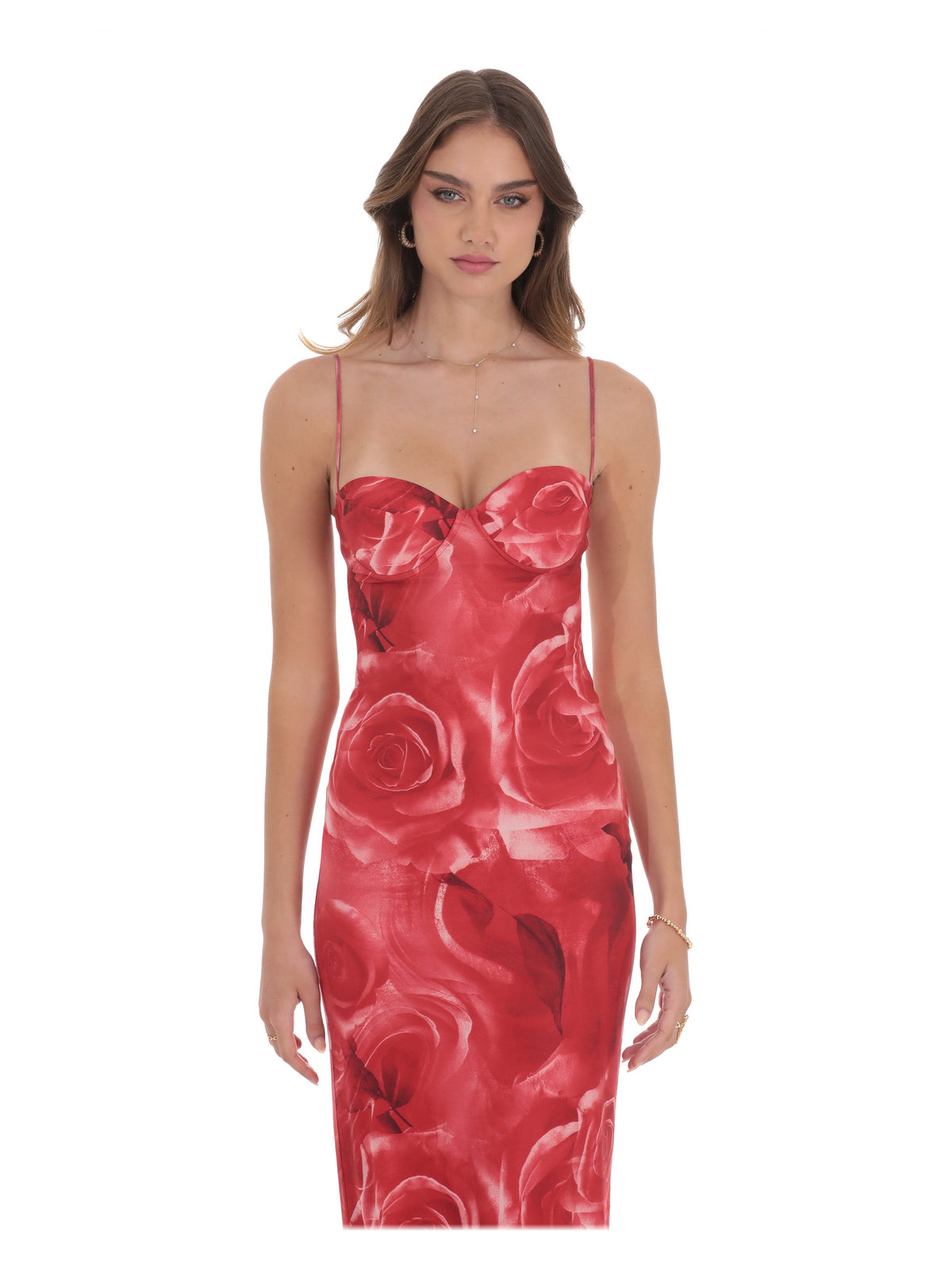 Red rose-print mesh maxi bridesmaid dress with sweetheart neckline and thin spaghetti straps