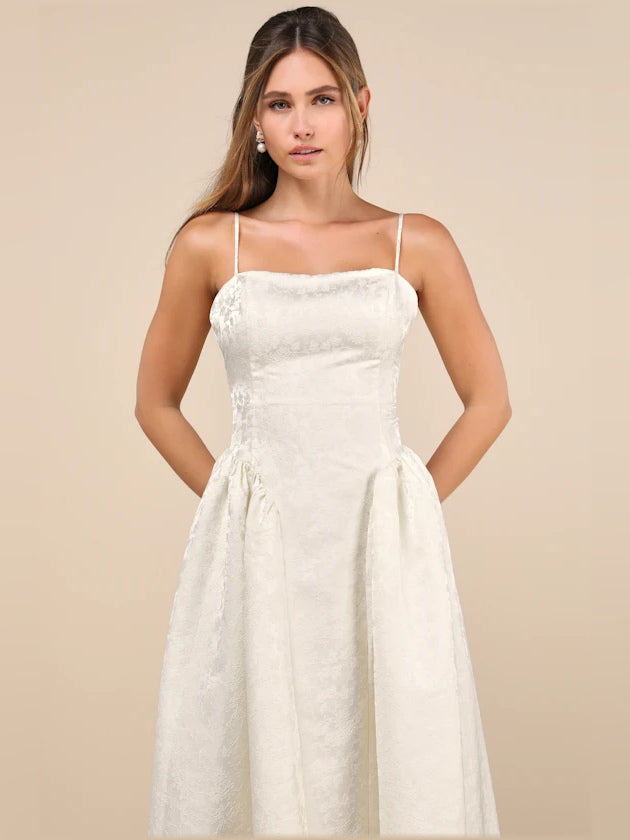 Ivory Floral a-line maxi formal dress with floral print, alternate view showing the waist