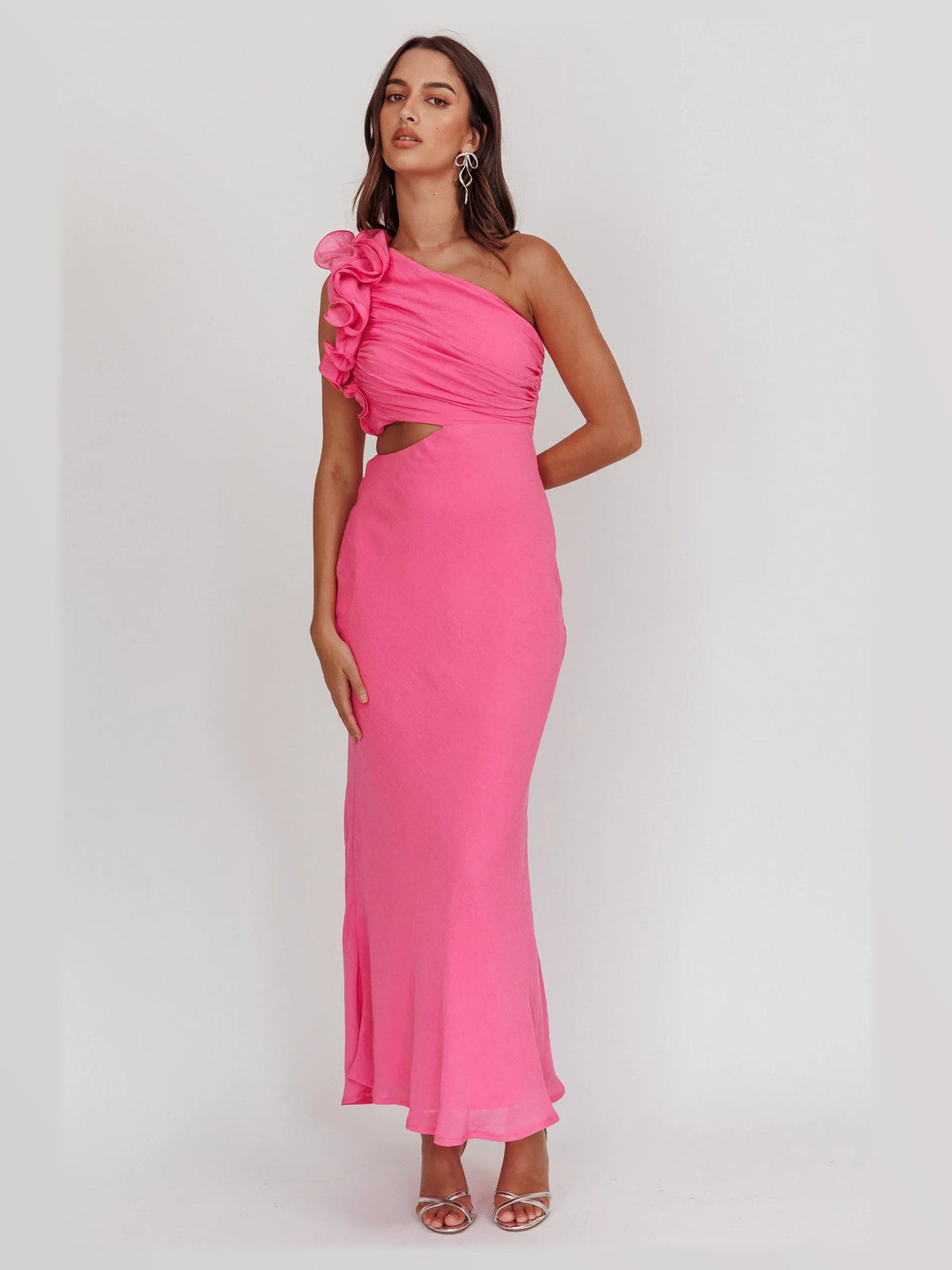 Hot Pink maxi formal dress, alternate full-length view showing the skirt