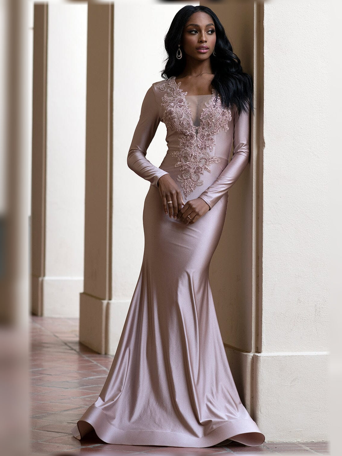 Dusty rose V-neck long-sleeve formal dress with beaded lace neckline, floor-length.
