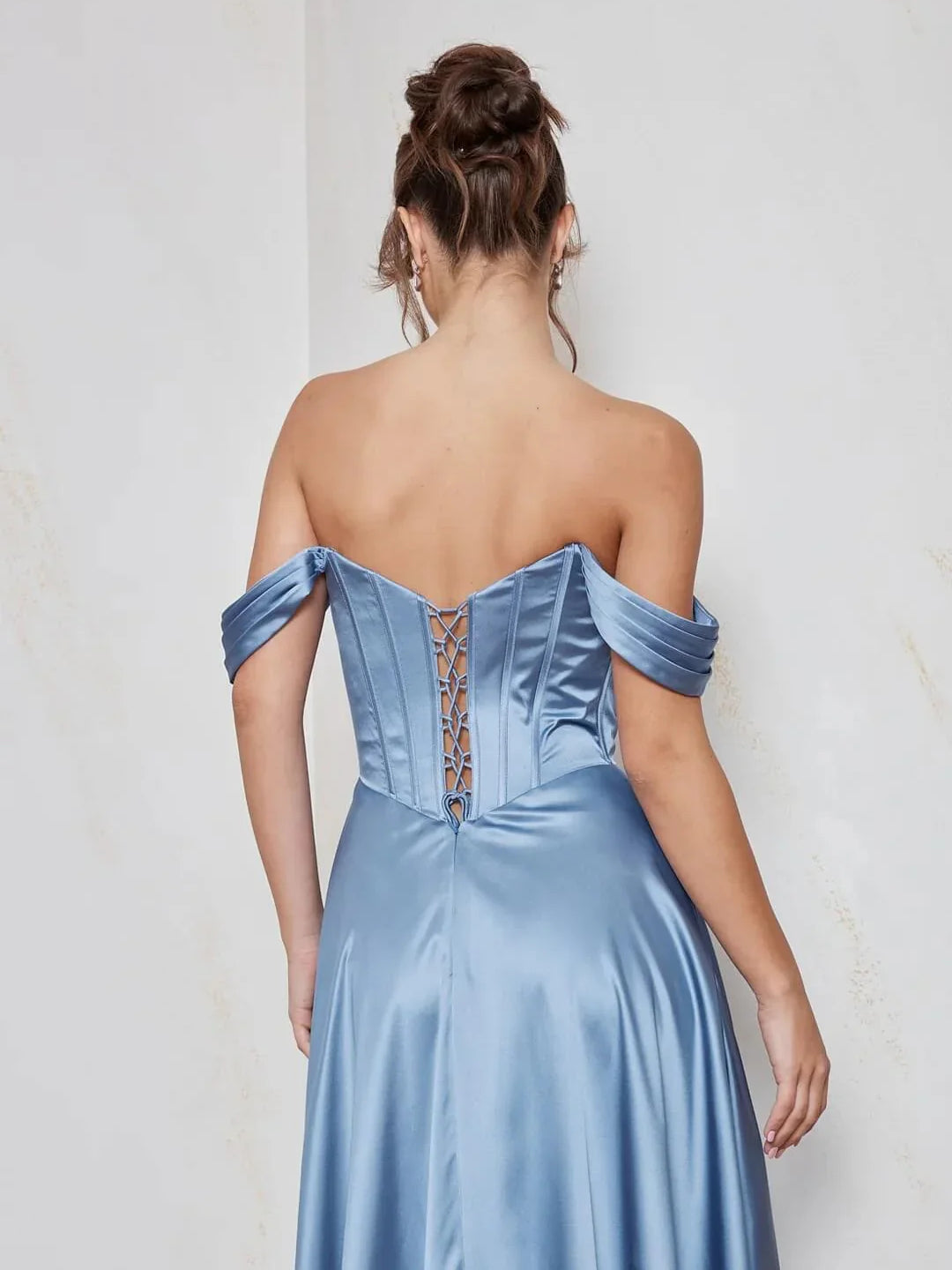 Steel blue off-shoulder corset formal dress with lace-up open back and beaded trim