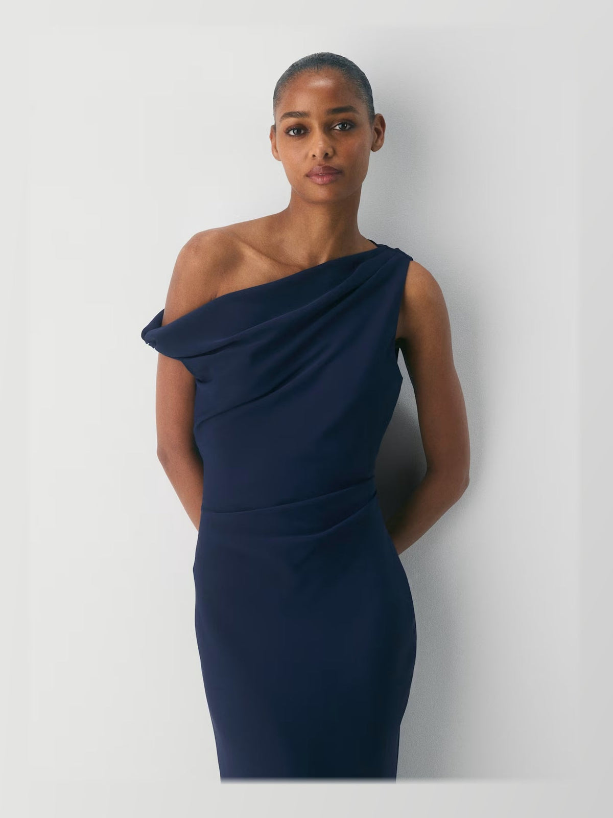 Navy Blue maxi formal dress, alternate full-length view showing the skirt
