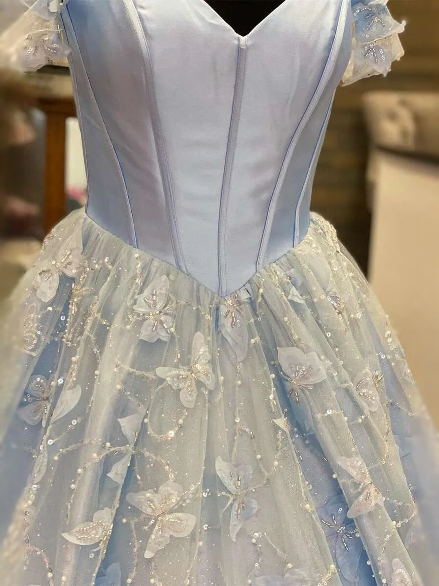 Sky-blue corset back bodice with sweetheart top and ruched floral tulle skirt