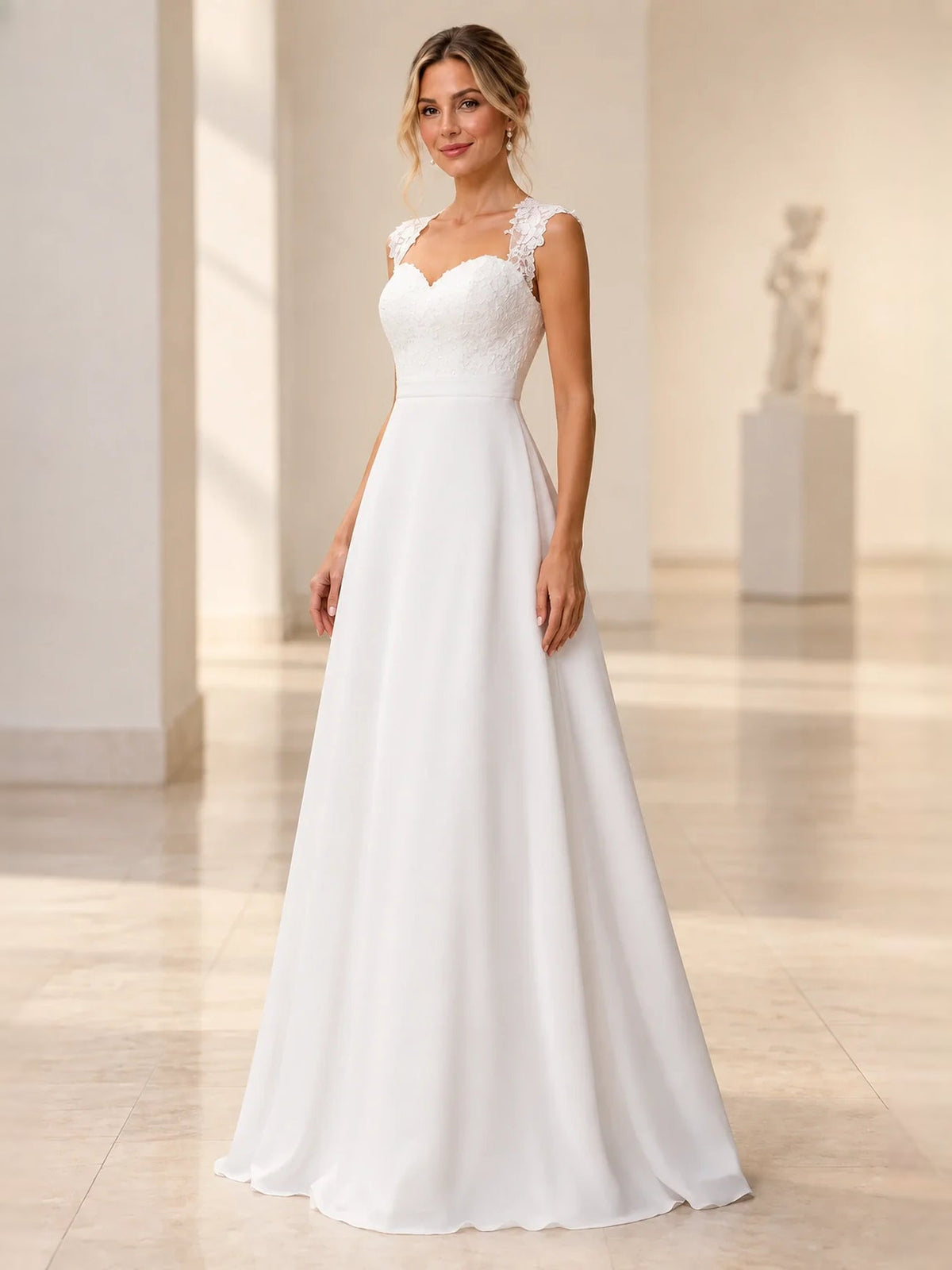 White satin A-line wedding dress with lace neckline, fitted waist, and flowing skirt