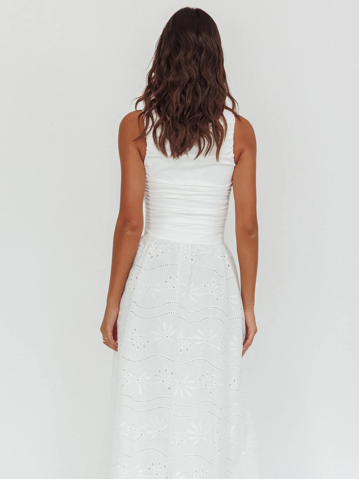 White formal dress with a-line detailing