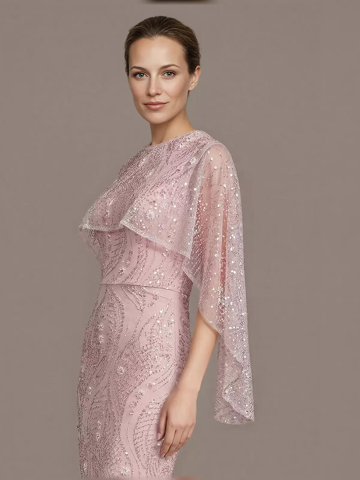 Pink beaded v-neck sheath dress with sequined floral bodice and sheer cape sleeves
