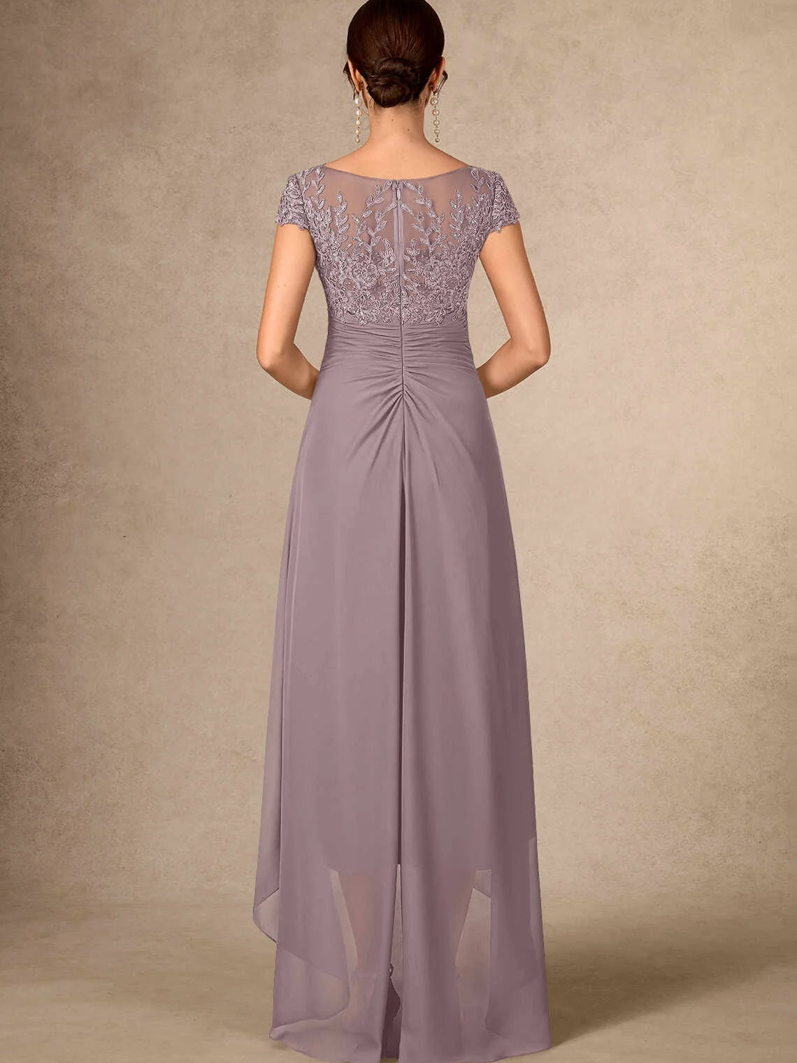 Back view of mauve ruched V-neck chiffon mother-of-the-bride dress with floral sequin bodice
