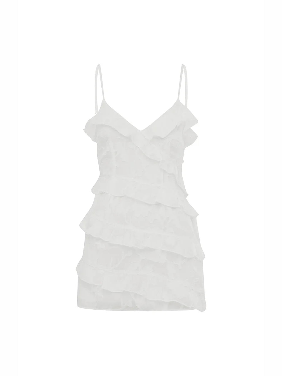 White ruffled mini dress with spaghetti straps and tiered skirt, flat lay