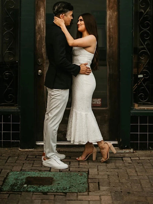 White lace sleeveless trumpet midi formal dress with mermaid flare hem