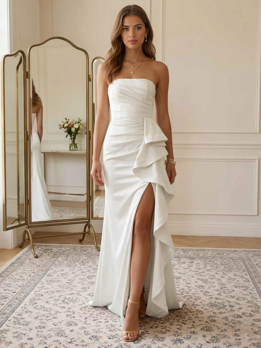 Ivory strapless satin mermaid prom gown, ruched bodice with ruffled layered slit