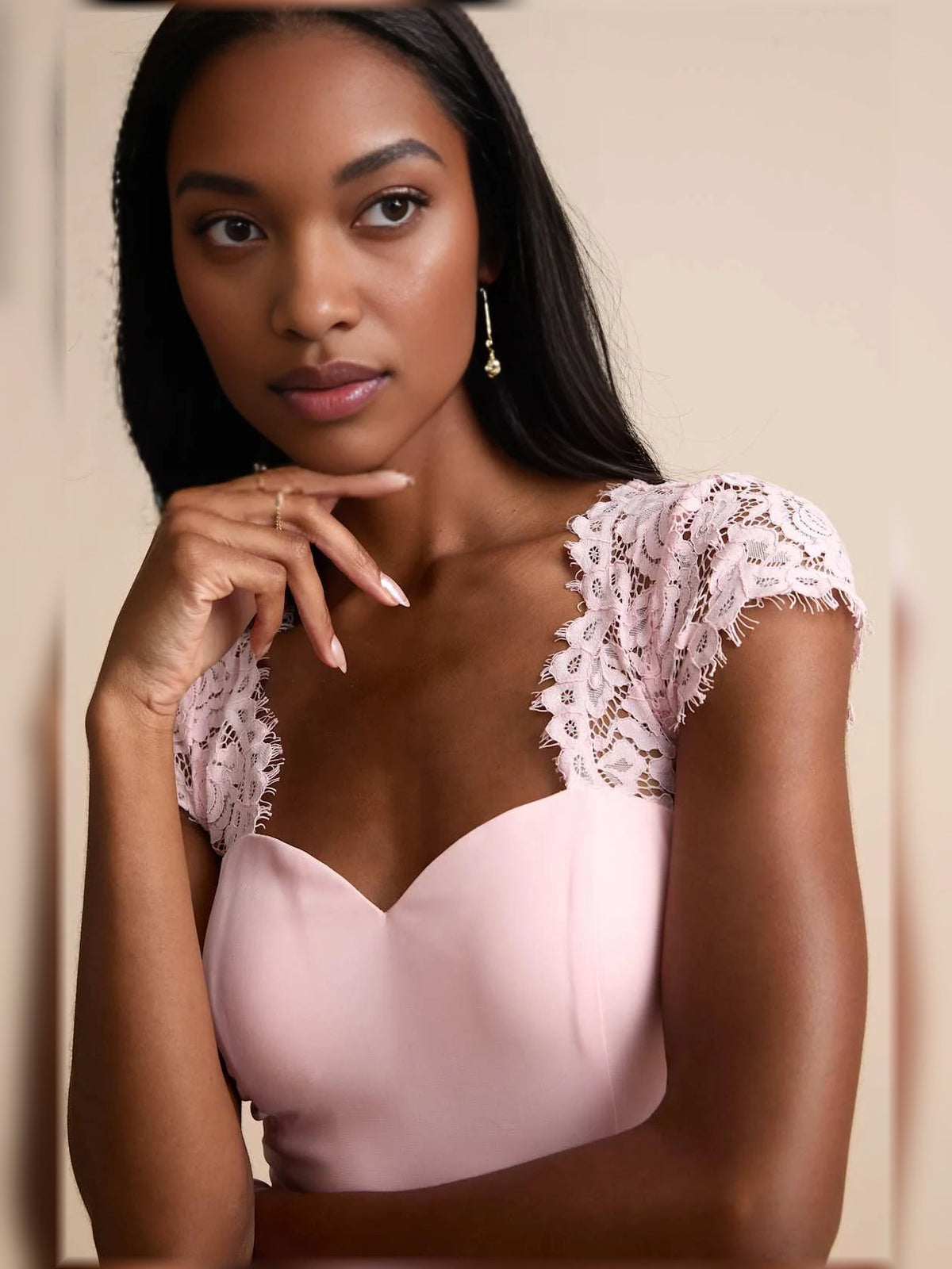 Blush pink sweetheart bodice with lace cap sleeves and delicate embroidered trim