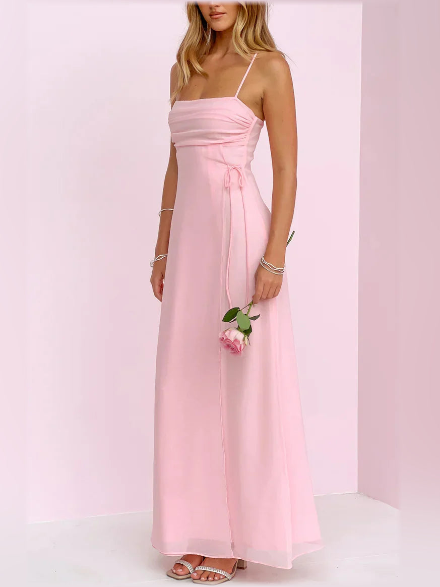 Pink spaghetti strap A-line formal maxi dress with cinched waist tie