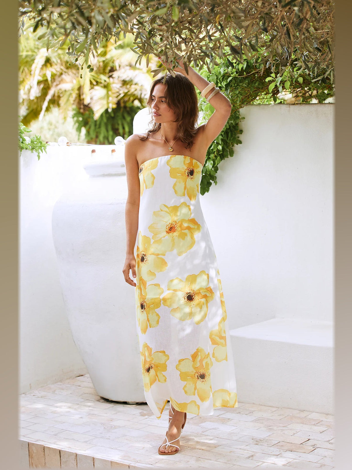 White Yellow Floral maxi formal dress, alternate full-length view showing the skirt