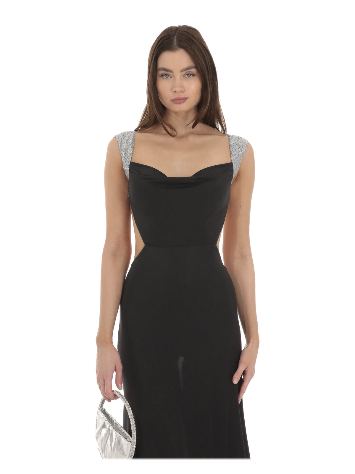 Black cowl-neck maxi dress with silver sequin mesh sleeves and ruched neckline
