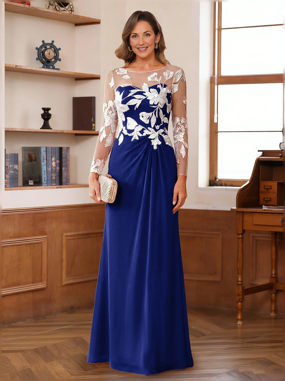 Navy floral long-sleeve chiffon A-line floor-length mother-of-the-bride dress