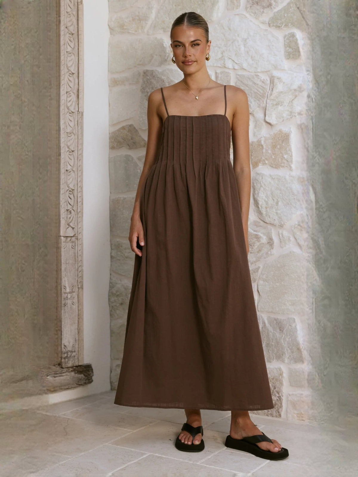 Chocolate a-line maxi formal dress with strapless neckline, alternate full-length view showing the waist