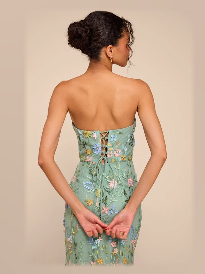 Dark Sage Floral formal dress with embroidered detailing
