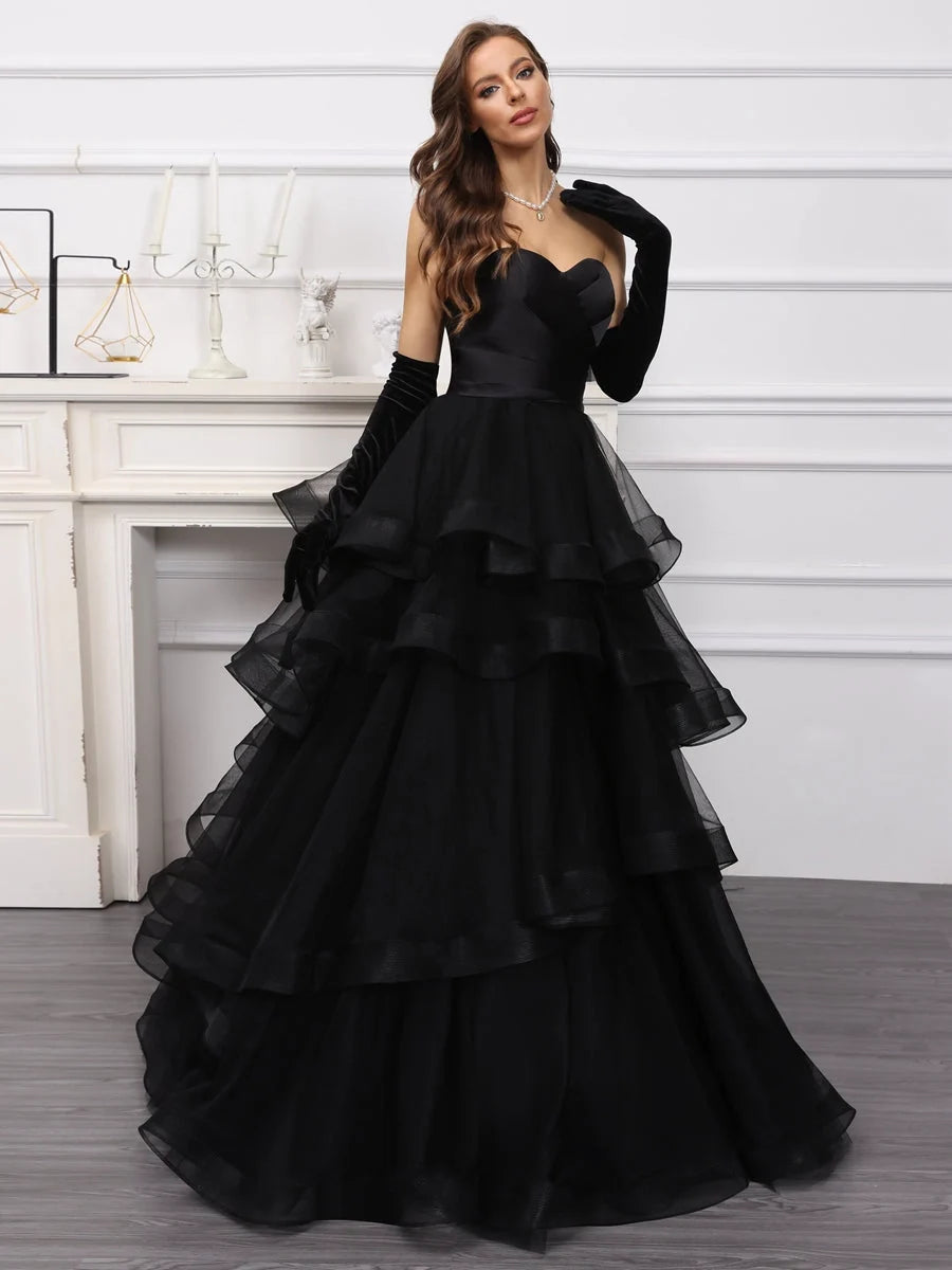 Black strapless sweetheart A-line satin wedding dress with layered tiered ruffle skirt