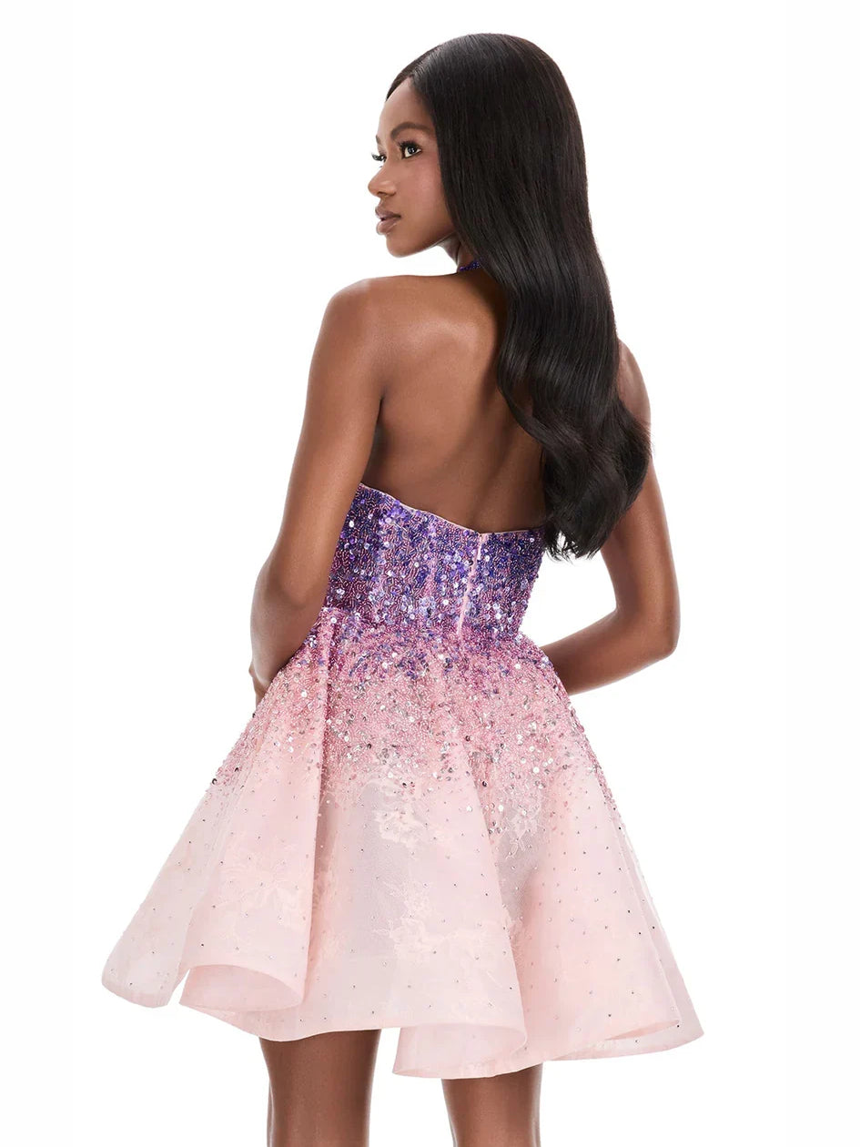 Blush-pink sequin halter-neck A-line mini dress with open back and flared skirt.
