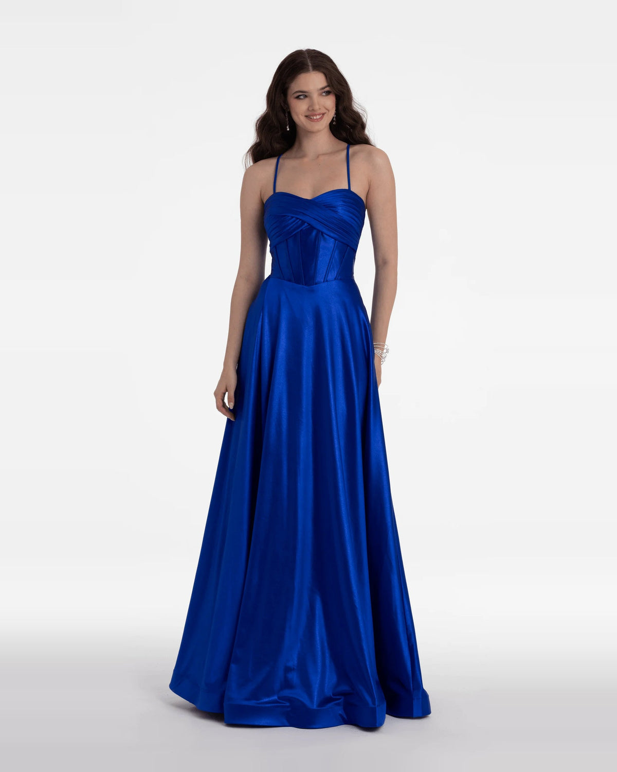 Blue corset ball-gown prom dress with fitted bodice and floor-length A-line skirt