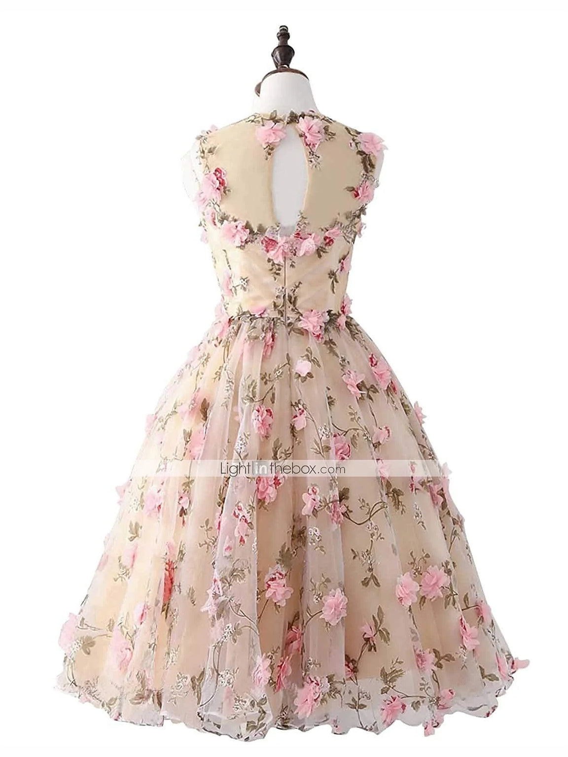 Pearl pink floral sleeveless midi tulle prom dress, open-back A-line skirt