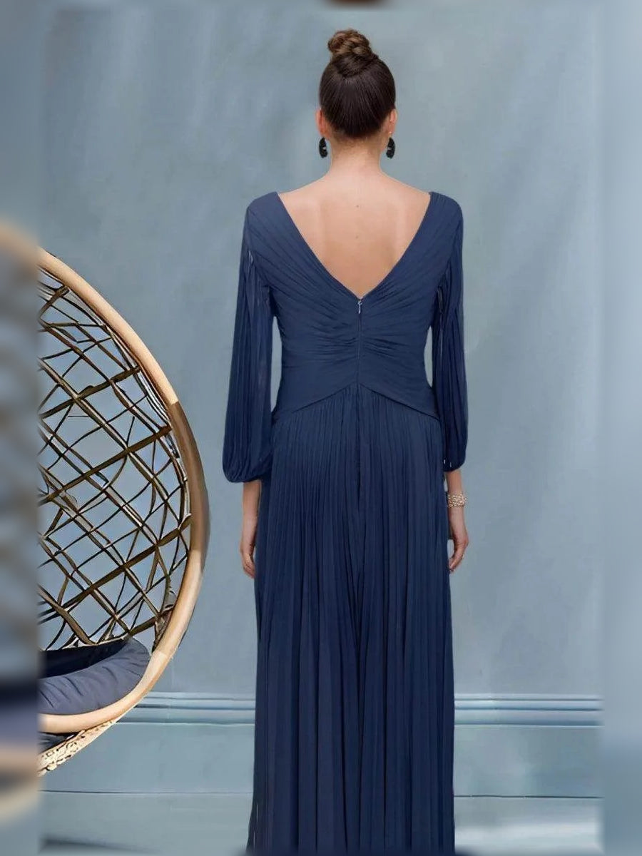 Dark navy V-back pleated A-line maxi dress with three-quarter sleeves