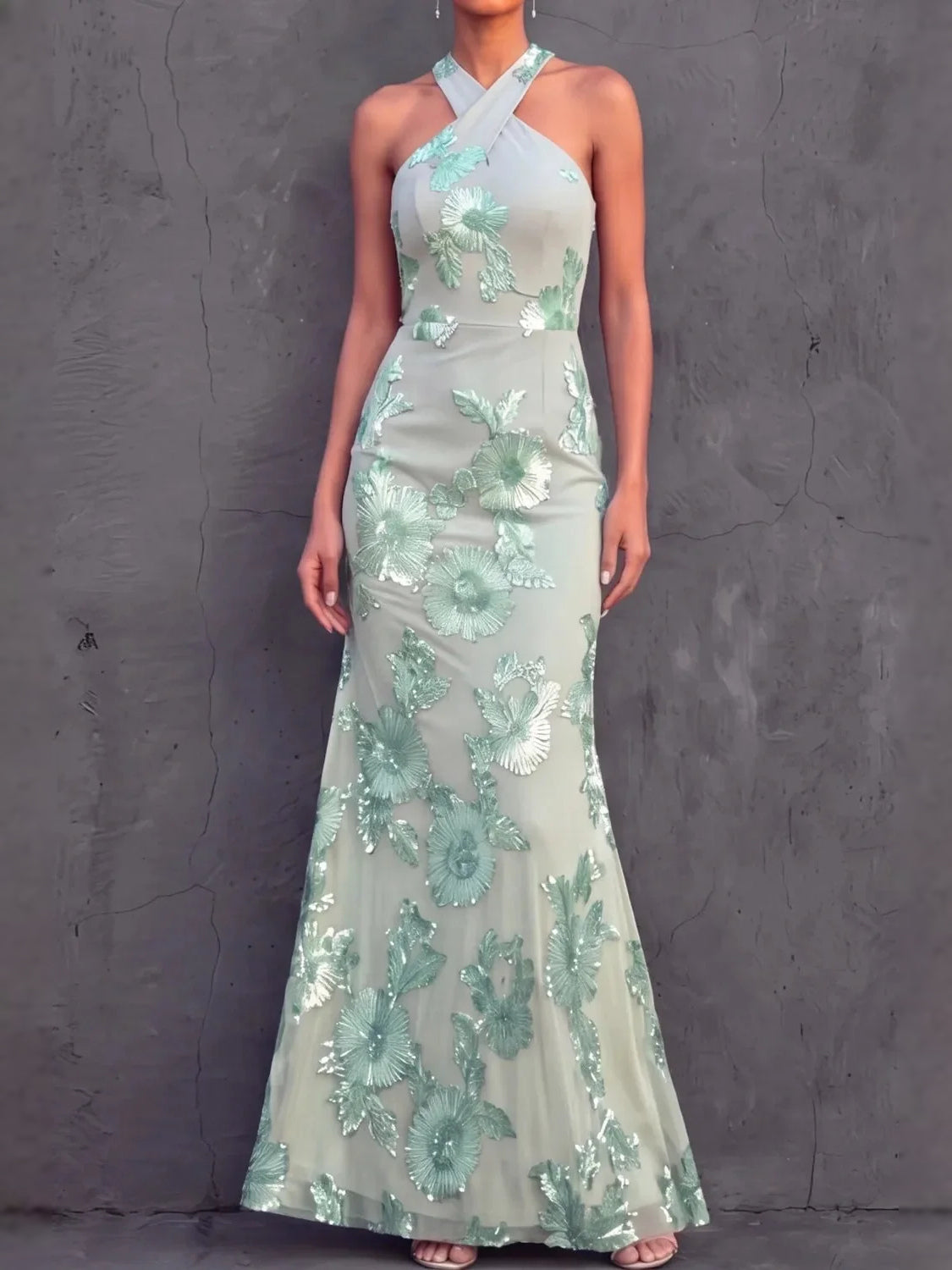 Ice blue halter corset prom dress with 3D floral appliques, A-line floor-length skirt