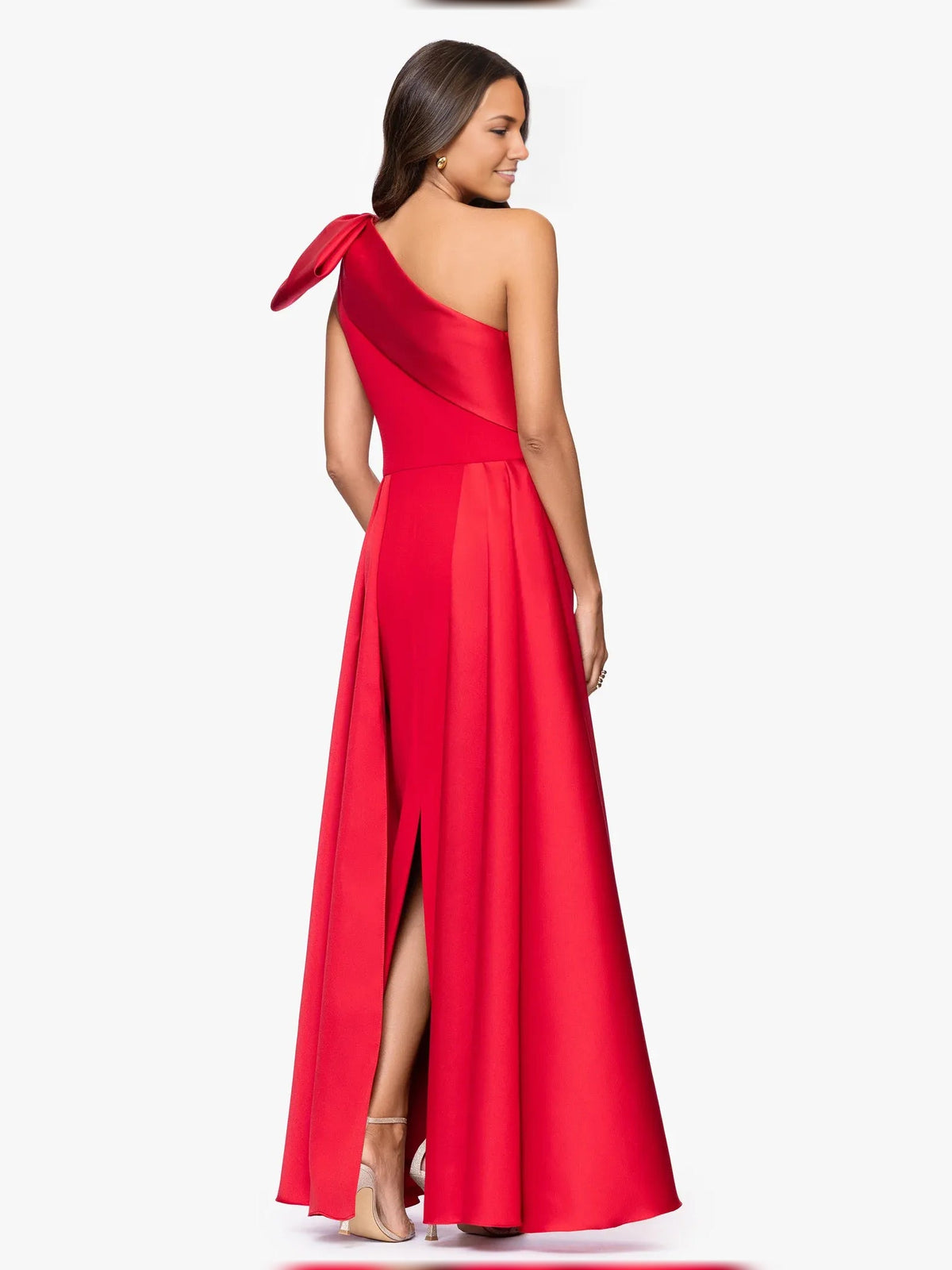 Red one-shoulder sheath dress with bow shoulder detail and front slit, floor-length