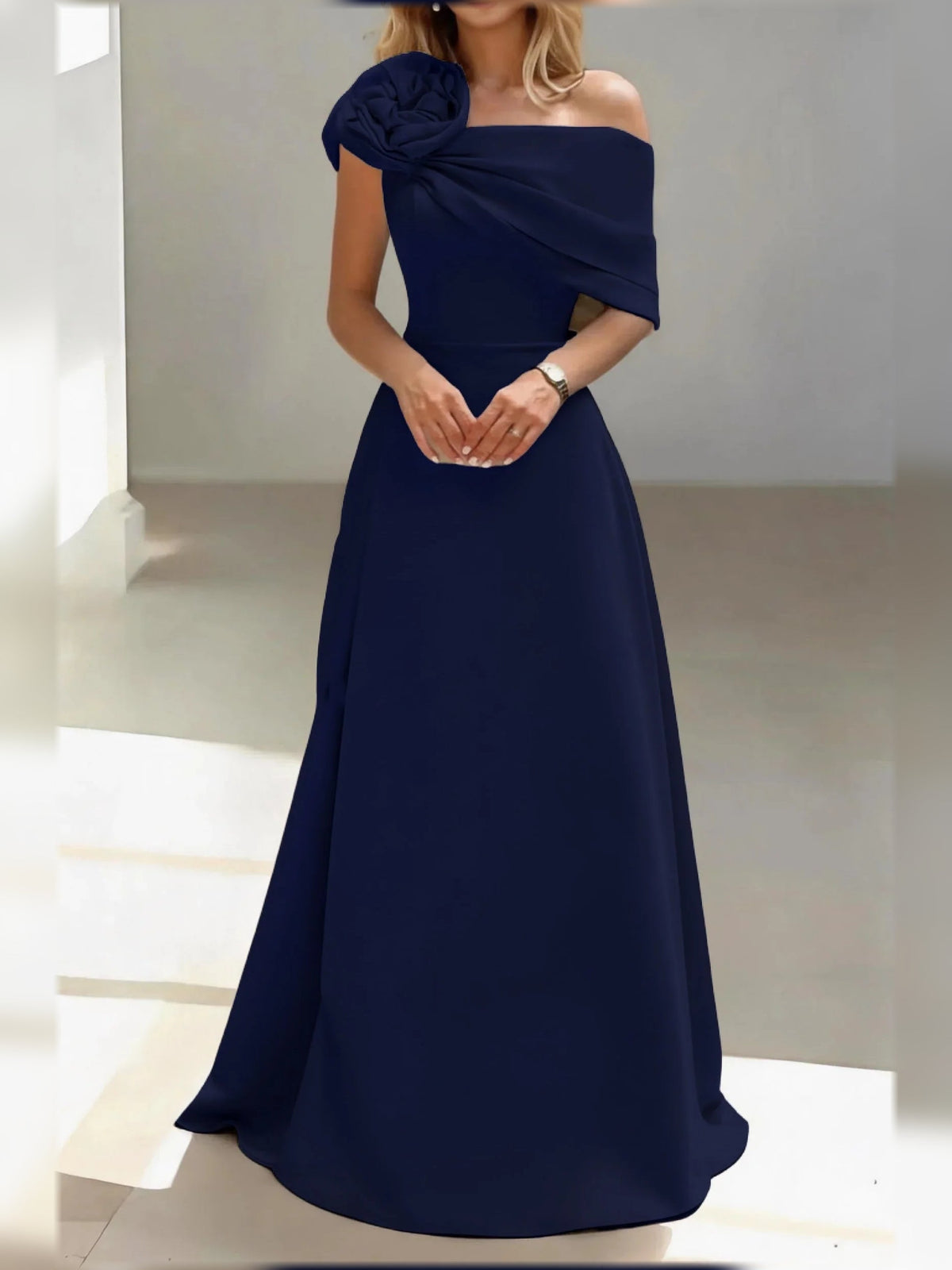 Dark navy satin one-shoulder A-line mother-of-the-bride dress with large rosette