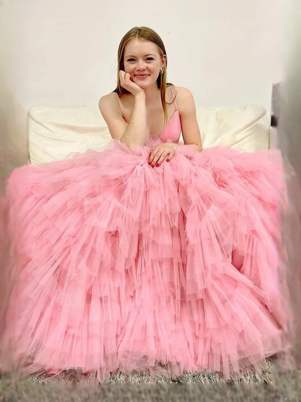Pink V-neck A-line maxi tulle prom dress with spaghetti straps and full ruffled skirt