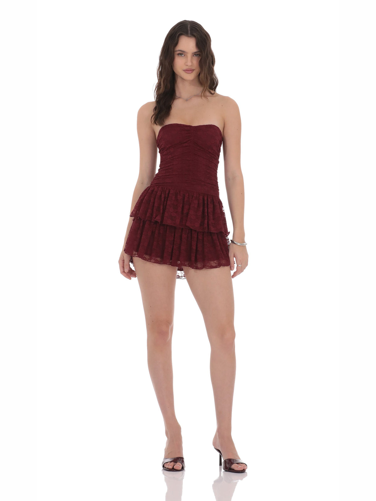 Burgundy homecoming dress with ruched detailing
